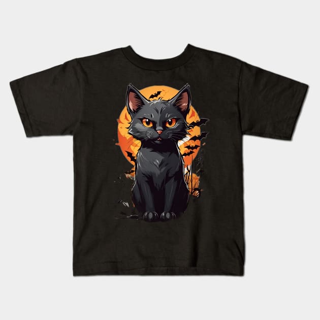 Halloween Black Cat Kids T-Shirt by ArtZone